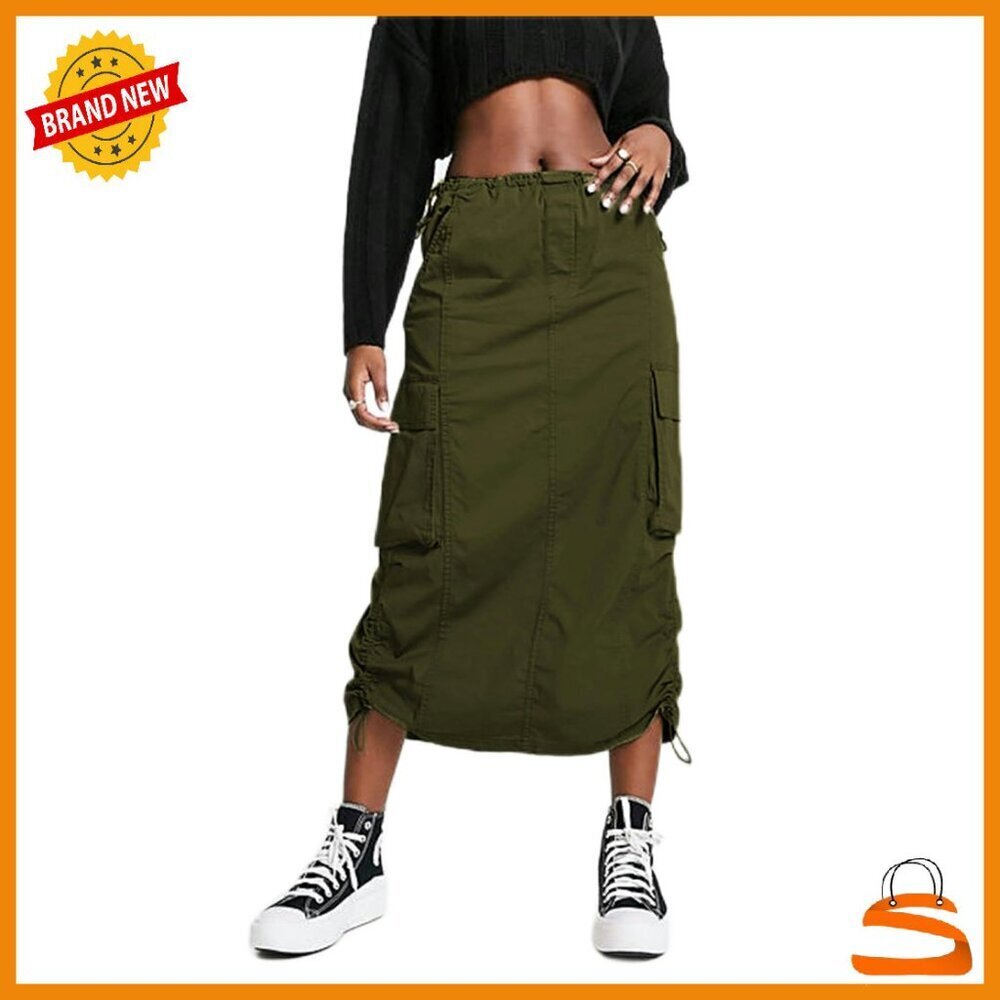 Y2K Cargo Maxi Skirt with Drawstring Waist and Side Pockets